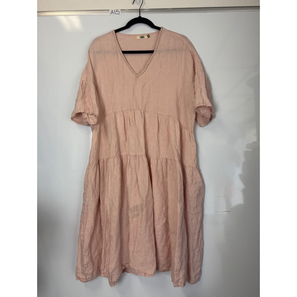 Dolma Pink 100% Linen Tiered Midi Dress V-Neck Pockets L/XL Boho Coastal